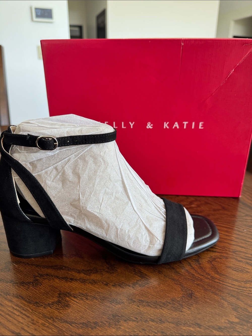 Kelly & Katie Black Suede Open-Toe Block Heel Sandal with Ankle Strap